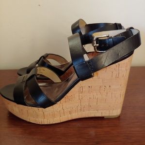Coach cork wedge black leather strappy sandals
